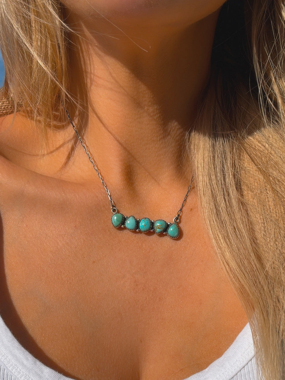 Sterling Silver Genuine Turquoise Five Stone Necklace