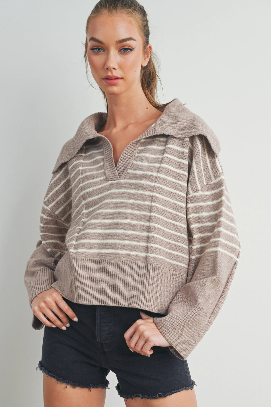 Life’s Too Short Taupe Striped Collared Sweater