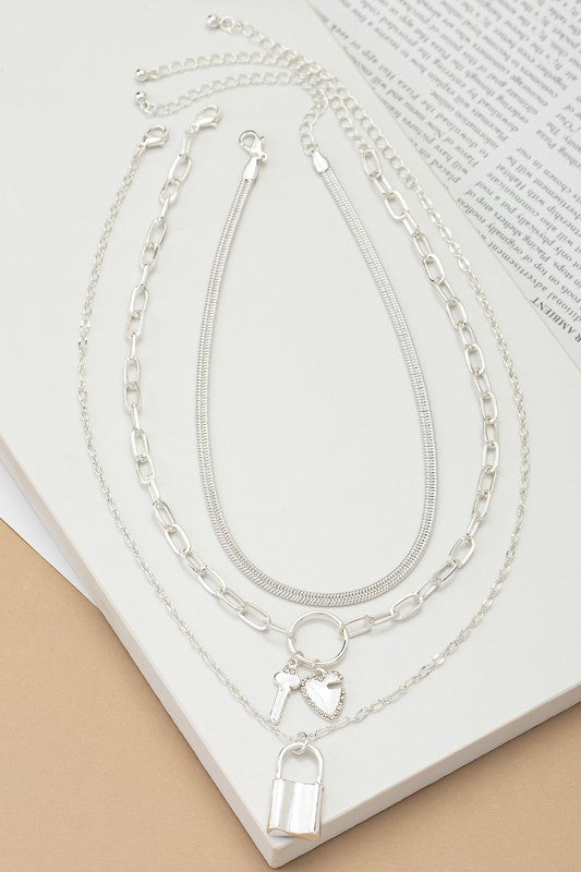 Silver Key & Lock Layered Necklace