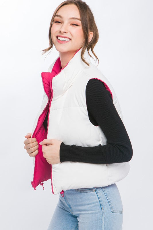 50% Off - Don't Play Around Pink Reversible Puffer Vest