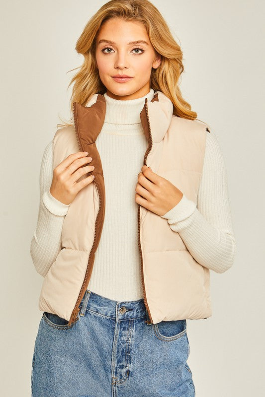 40% Off - Don't Play Around Brown Reversible Puffer Vest