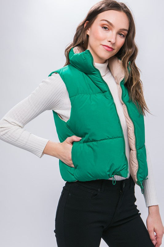 40% Off - Don't Play Around Green Reversible Puffer Vest
