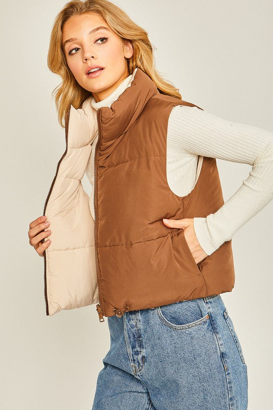 40% Off - Don't Play Around Brown Reversible Puffer Vest