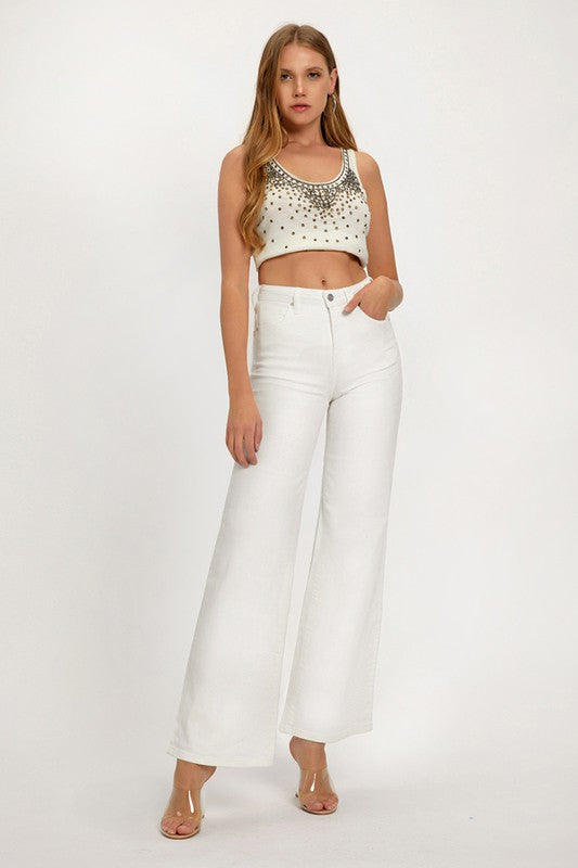 50% Off - A Girl Can Only Wish White Wide Leg Risen Jeans