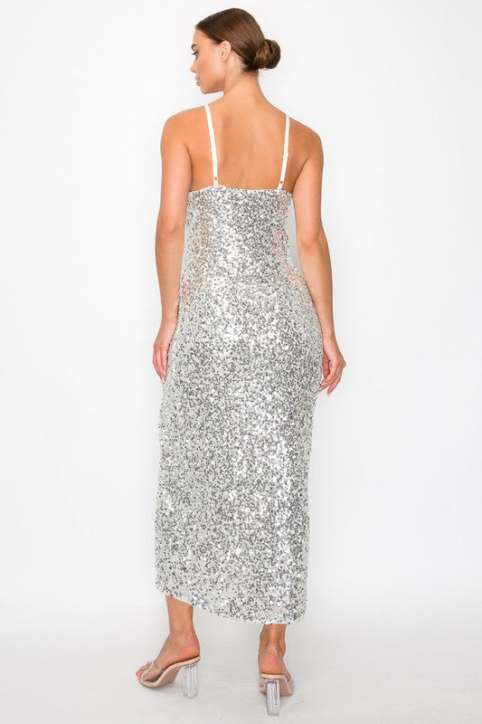 50% Off - Shine Bright Silver Sequin Mid Maxi