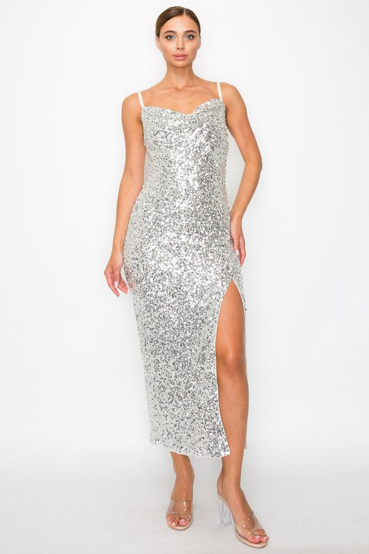 50% Off - Shine Bright Silver Sequin Mid Maxi
