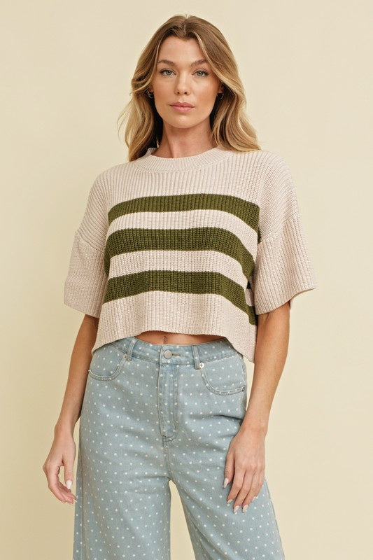 School Girlie Olive Striped Knit Top