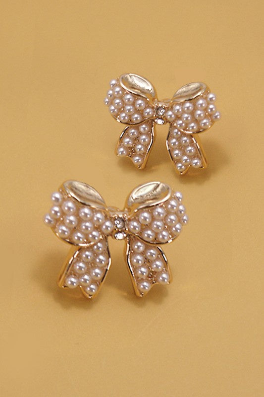 Gold Bow Pearl Earrings