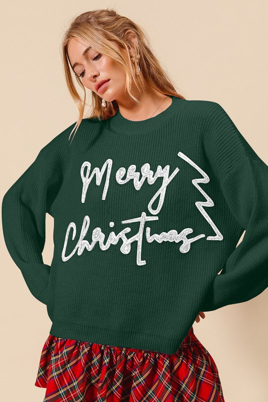 Holiday Cheer Hunter Green Merry Christmas Sweater