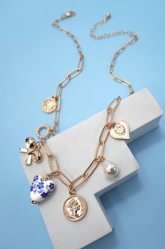 Blue Willow Gold Charm Necklace