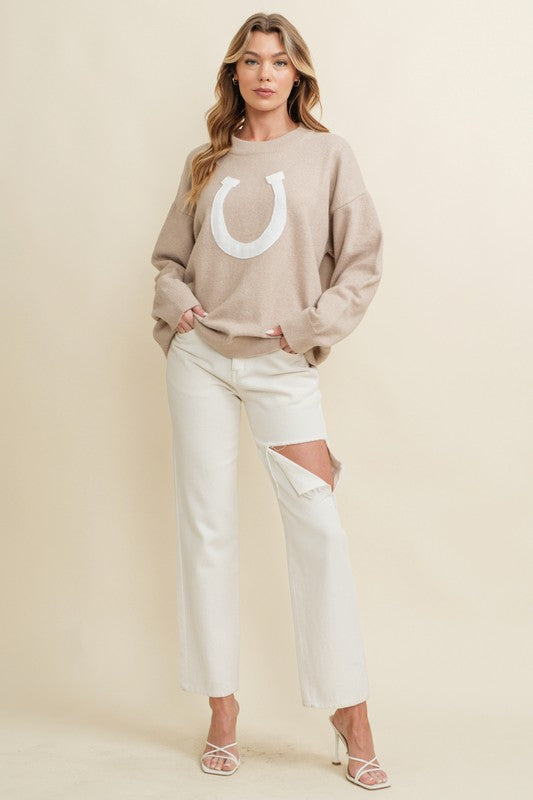 Bareback Rider Beige Horseshoe Sweater