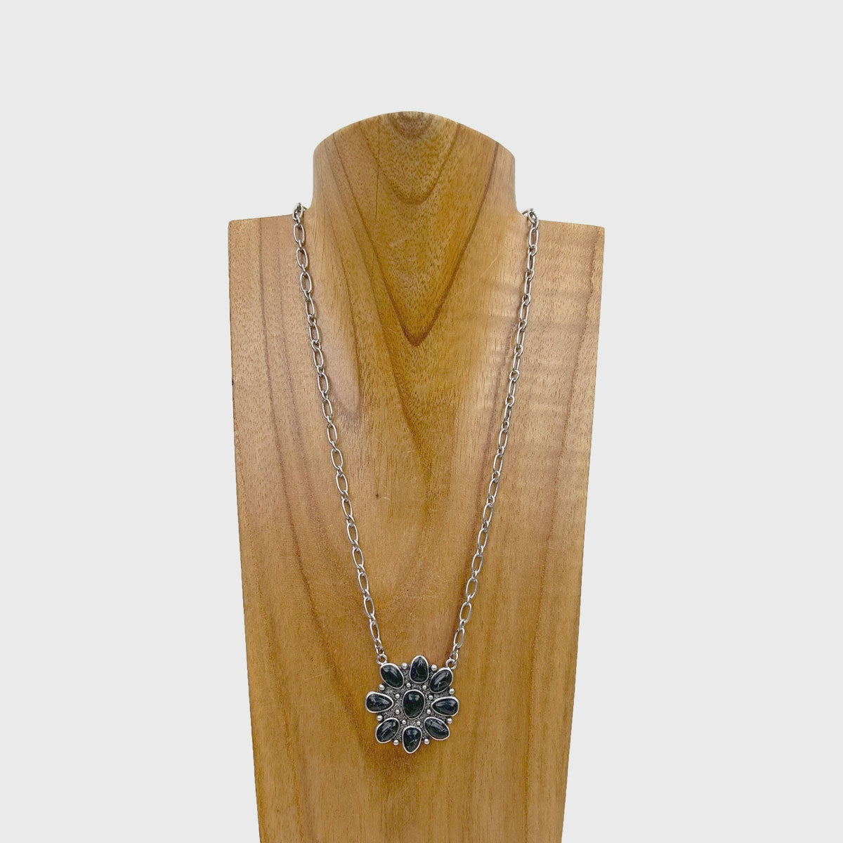 Black Concho Pendant & Silver Chain Necklace