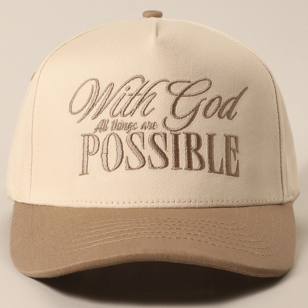 With God All Things Are Possible Beige Embroidered Trucker Hat