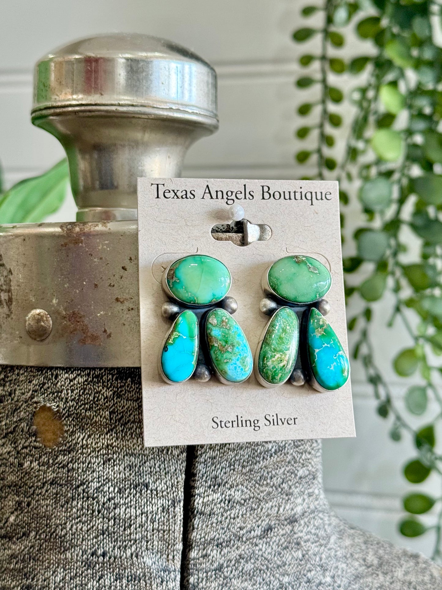 Navajo Handmade Sterling Silver Sonoran Gold Turquoise Cluster Post Earrings