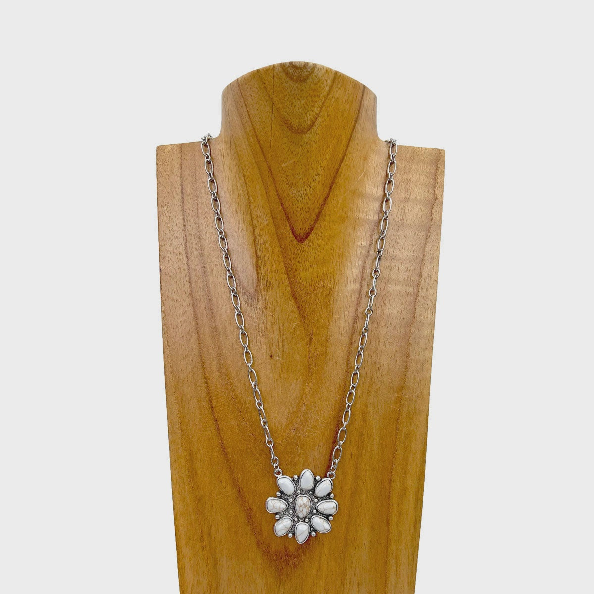 White Concho Pendant & Silver Chain Necklace