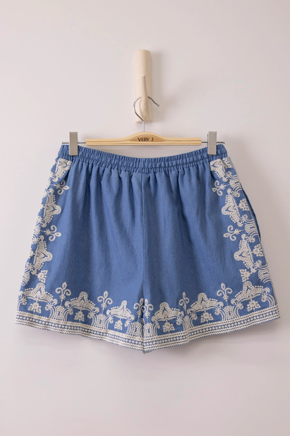 Coastin’ Dark Chambray Embroidered Shorts
