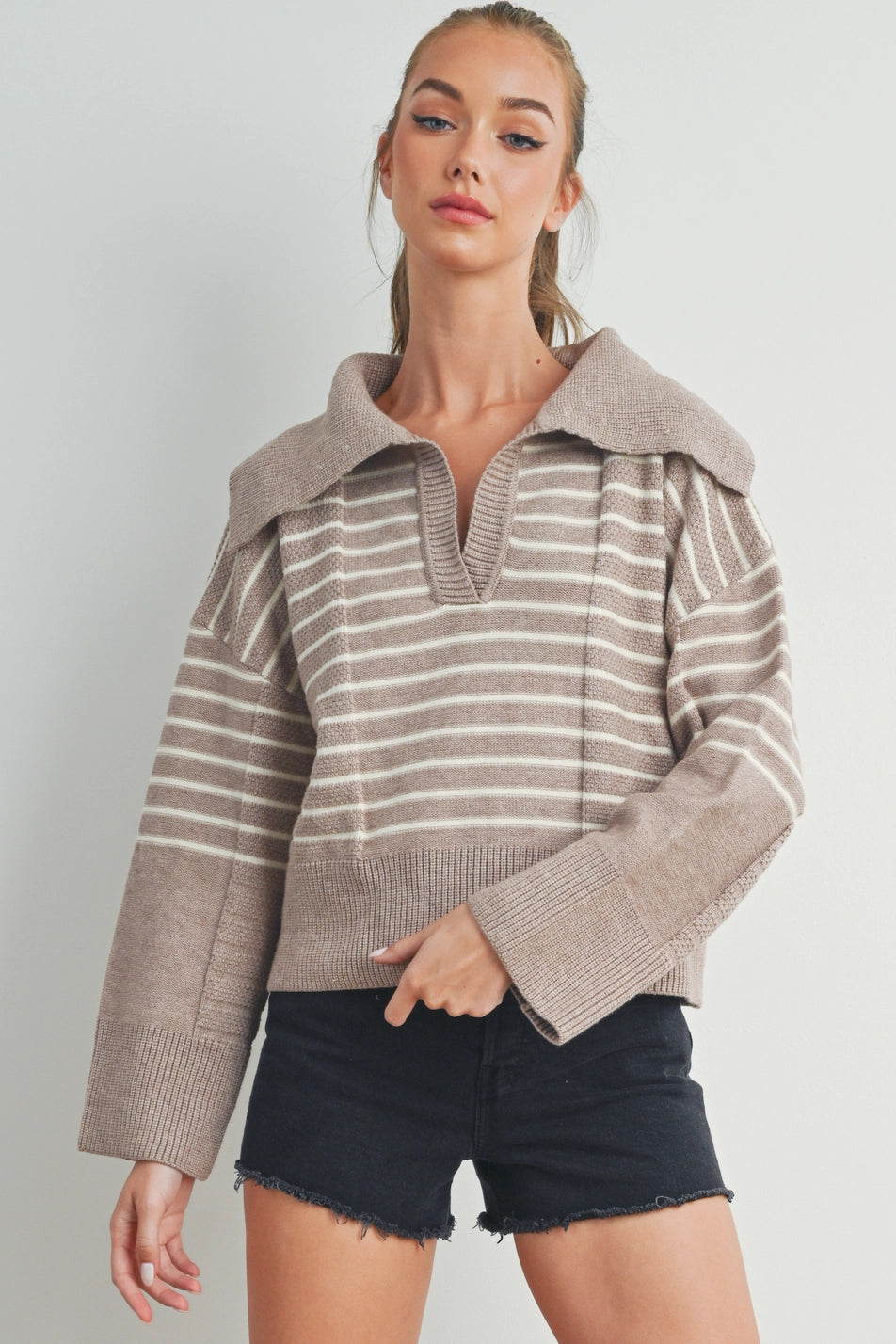 Life’s Too Short Taupe Striped Collared Sweater