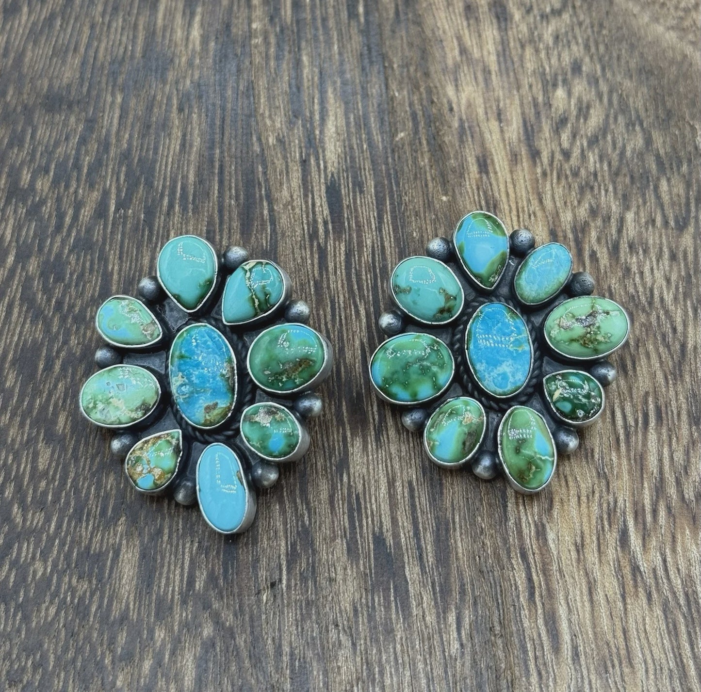 Navajo Handmade Sterling Silver Sonoran Gold Turquoise Cluster Earrings