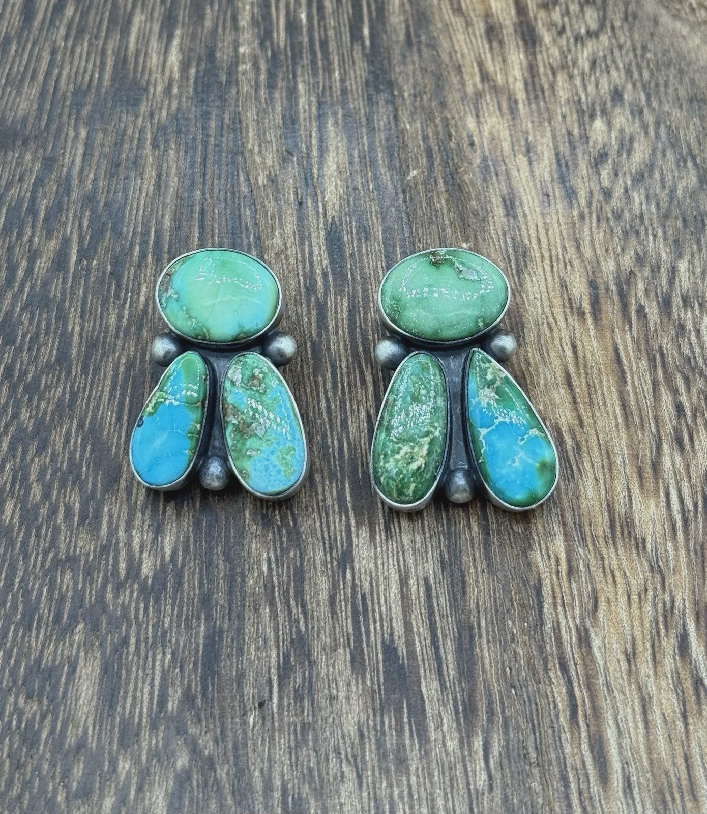 Navajo Handmade Sterling Silver Sonoran Gold Turquoise Cluster Post Earrings