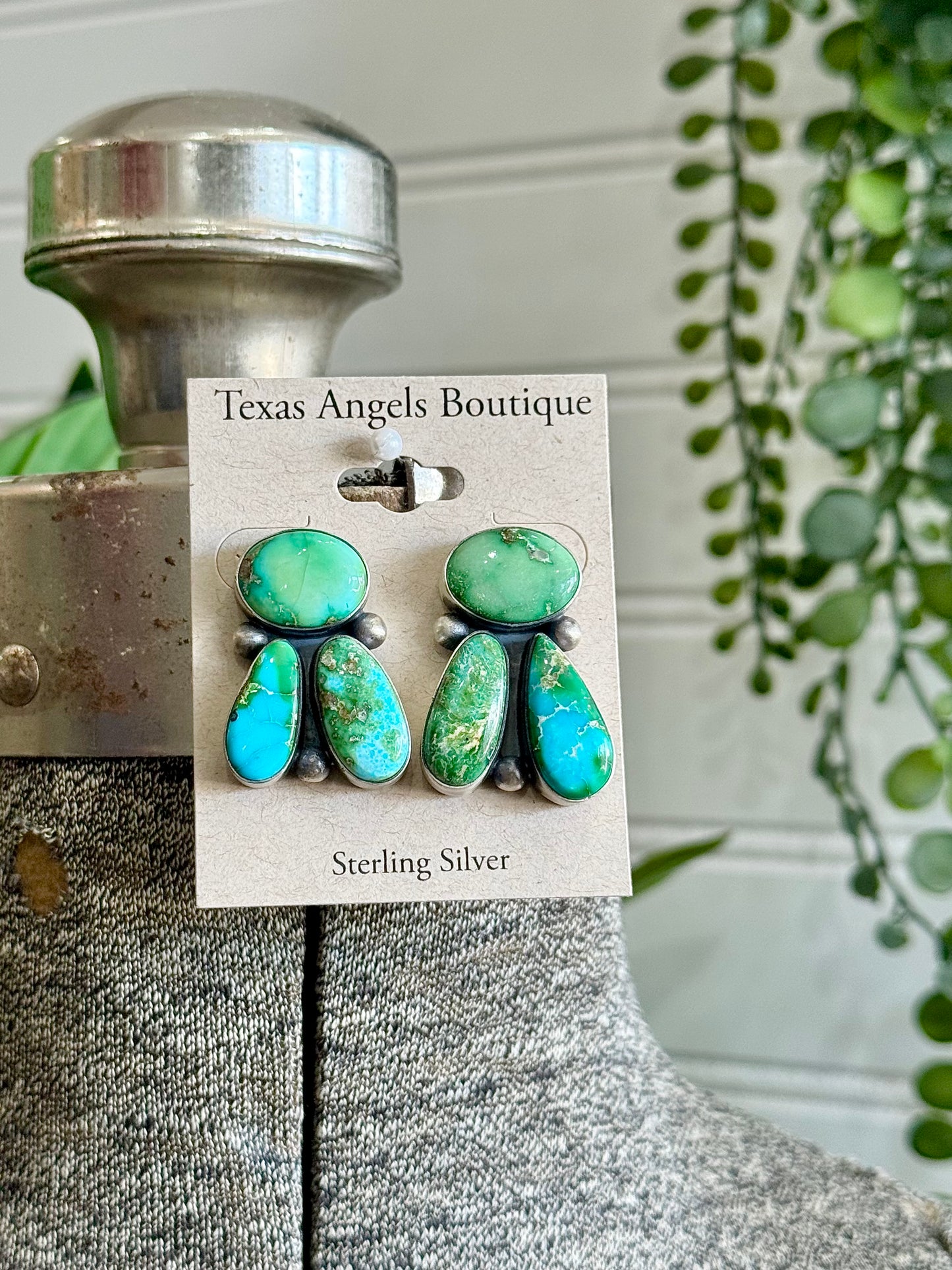 Navajo Handmade Sterling Silver Sonoran Gold Turquoise Cluster Post Earrings