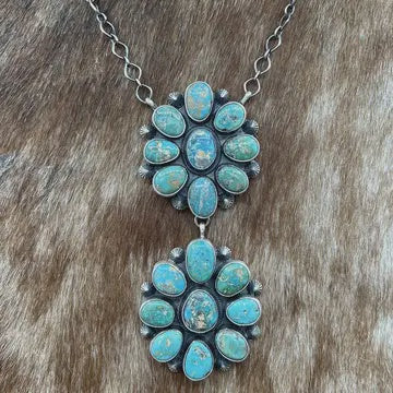 Navajo Handmade Silver Sonoran Gold Turquoise Cluster Necklace