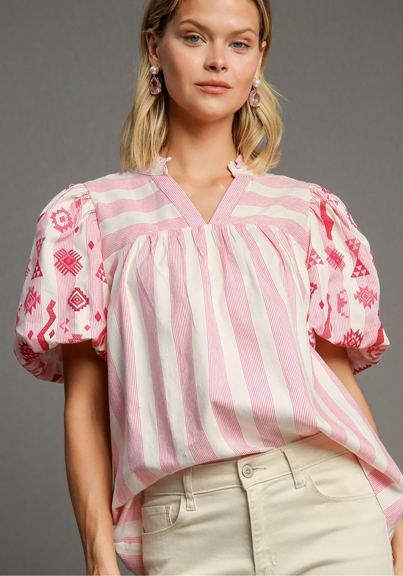 Sweet Girl Embroidered Striped Pink Blouse