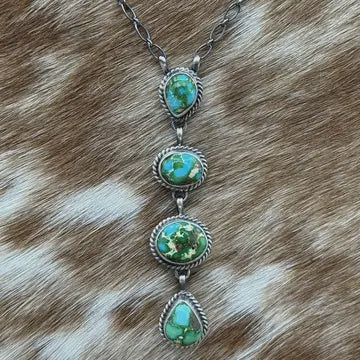 Navajo Handmade Sterling Silver Sonoran Gold Turquoise Lariat Bar Necklace