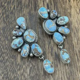 Navajo Handmade Sterling Silver Golden Hills Turquoise Half Cluster Earrings