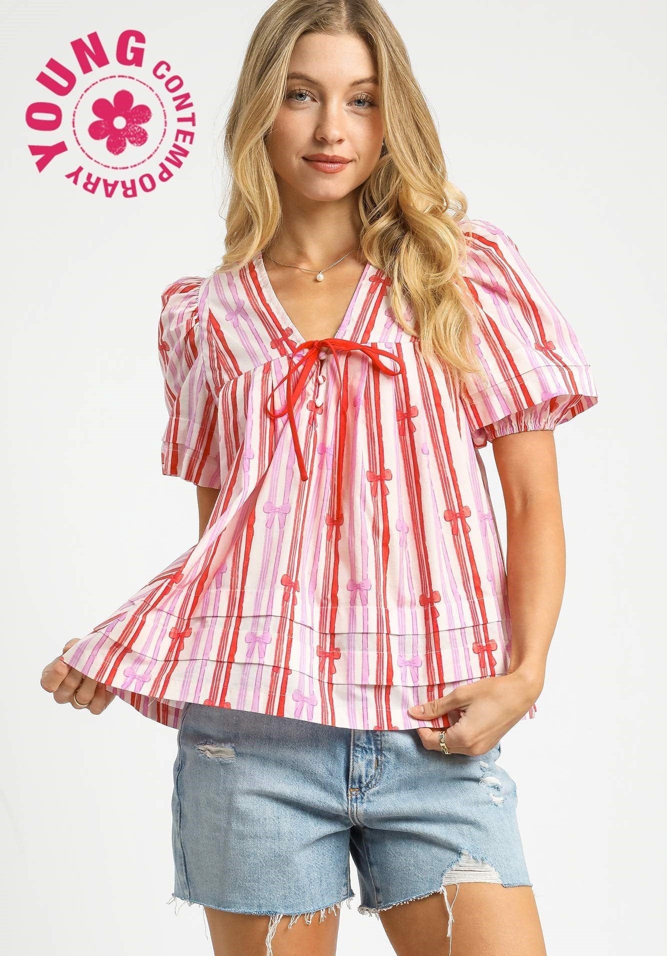 Red, White & Bows Striped Top