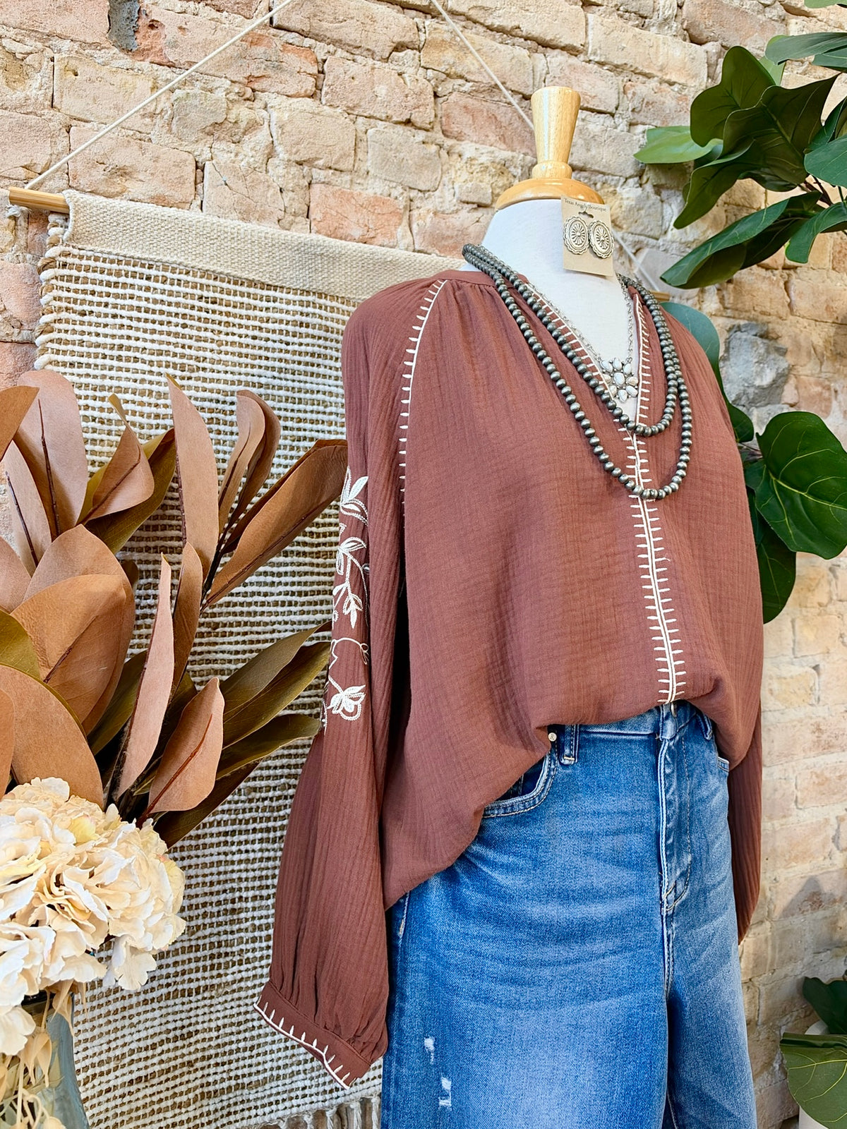 Beyond Blessed Brown Embroidered Blouse