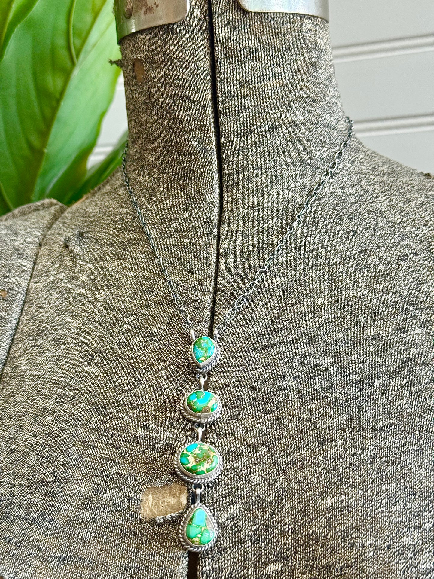 Navajo Handmade Sterling Silver Sonoran Gold Turquoise Lariat Bar Necklace