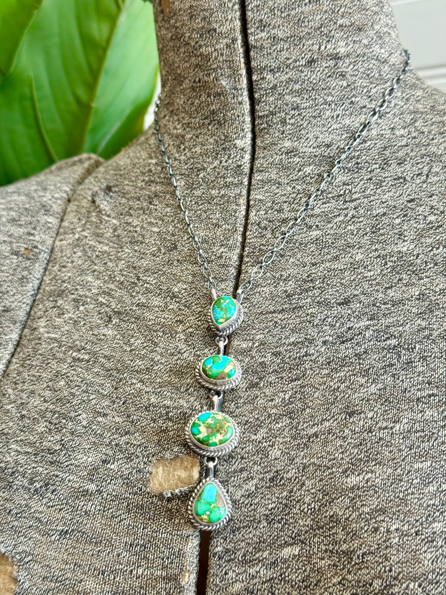 Navajo Handmade Sterling Silver Sonoran Gold Turquoise Lariat Bar Necklace