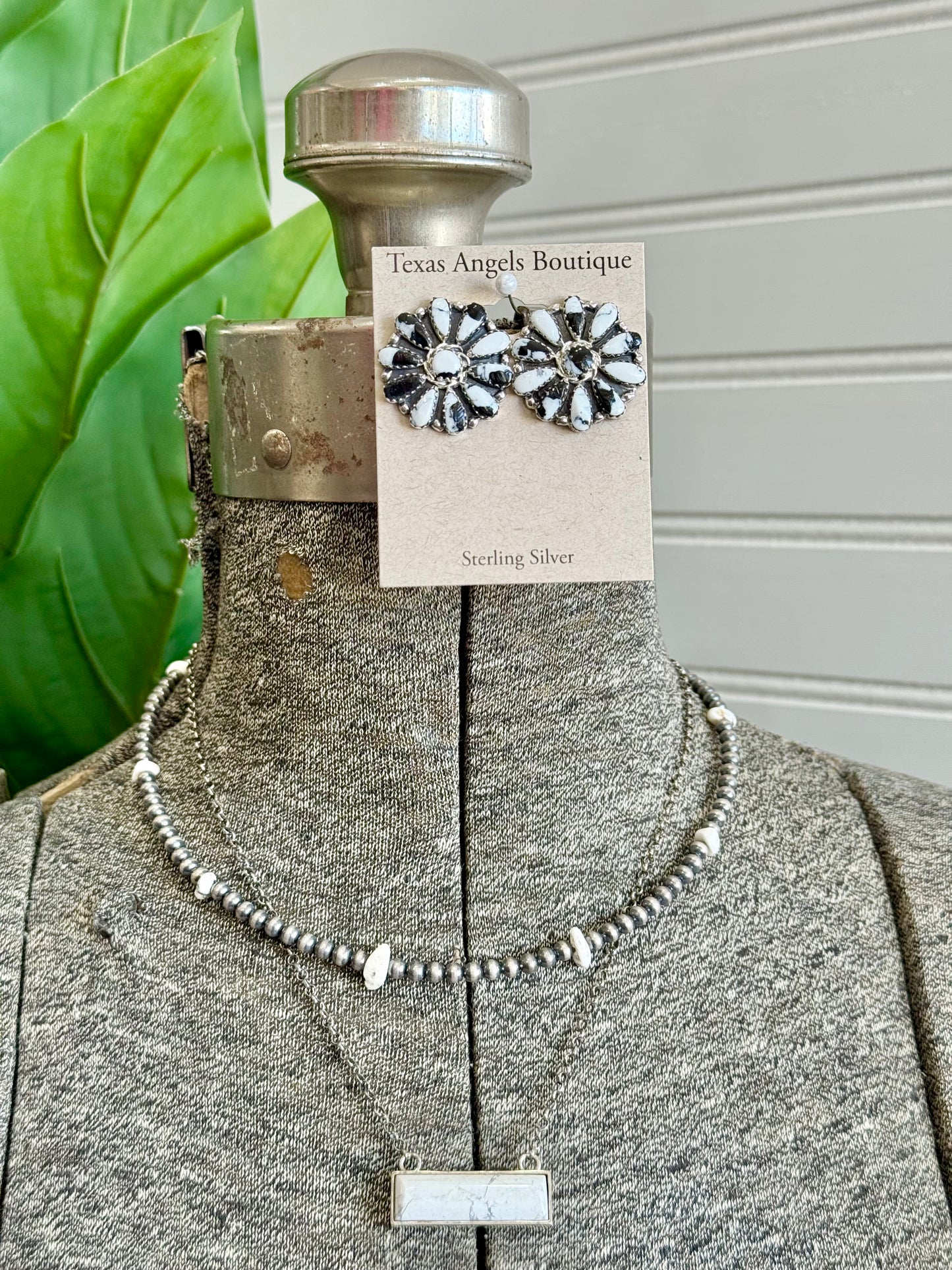 Native Navajo Handmade Sterling Silver White Buffalo Cluster Stud Earrings