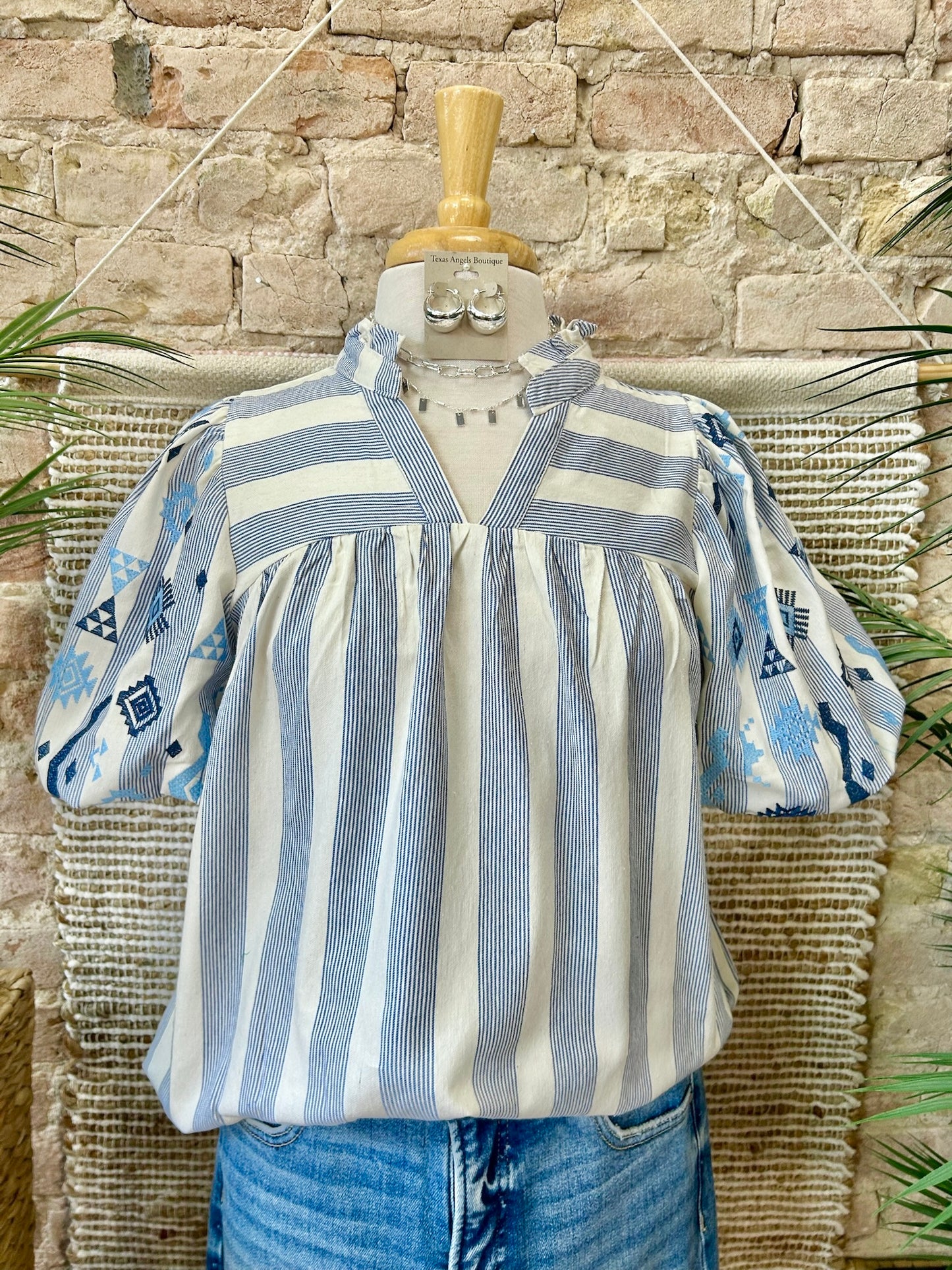 Sweet Girl Embroidered Striped Blue Blouse