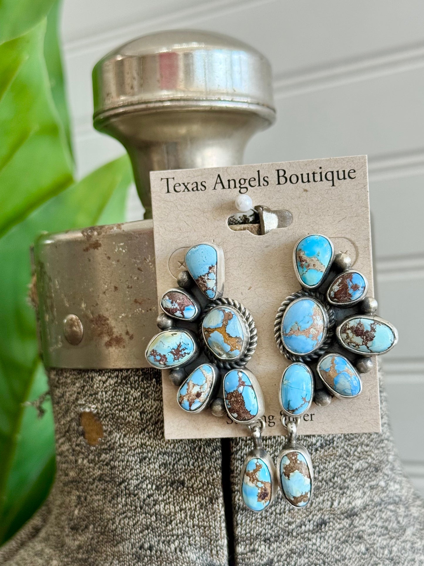 Navajo Handmade Sterling Silver Golden Hills Turquoise Half Cluster Earrings