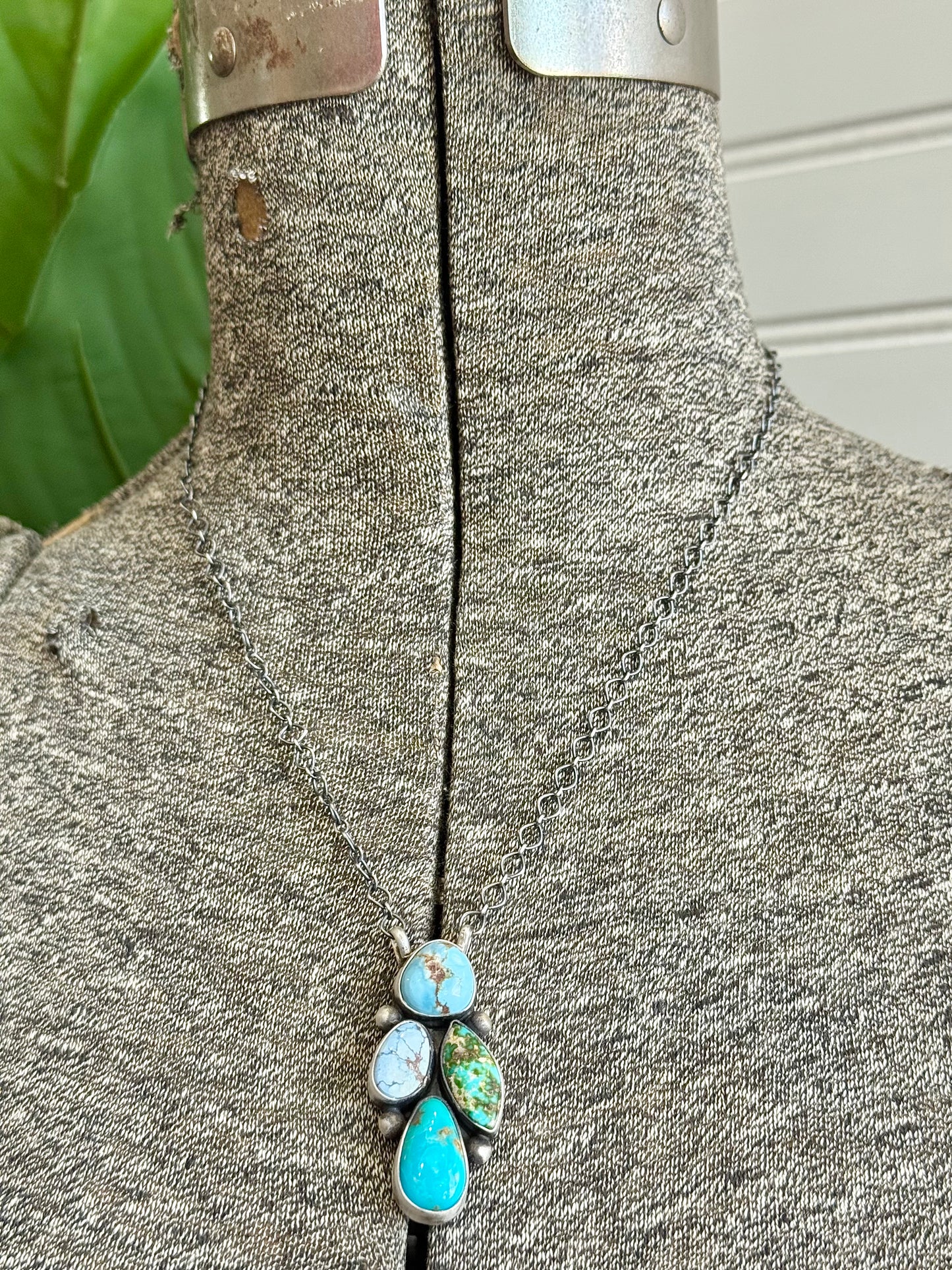 Native Navajo Handmade Sterling Silver Mixed Turquoise Cluster Necklace