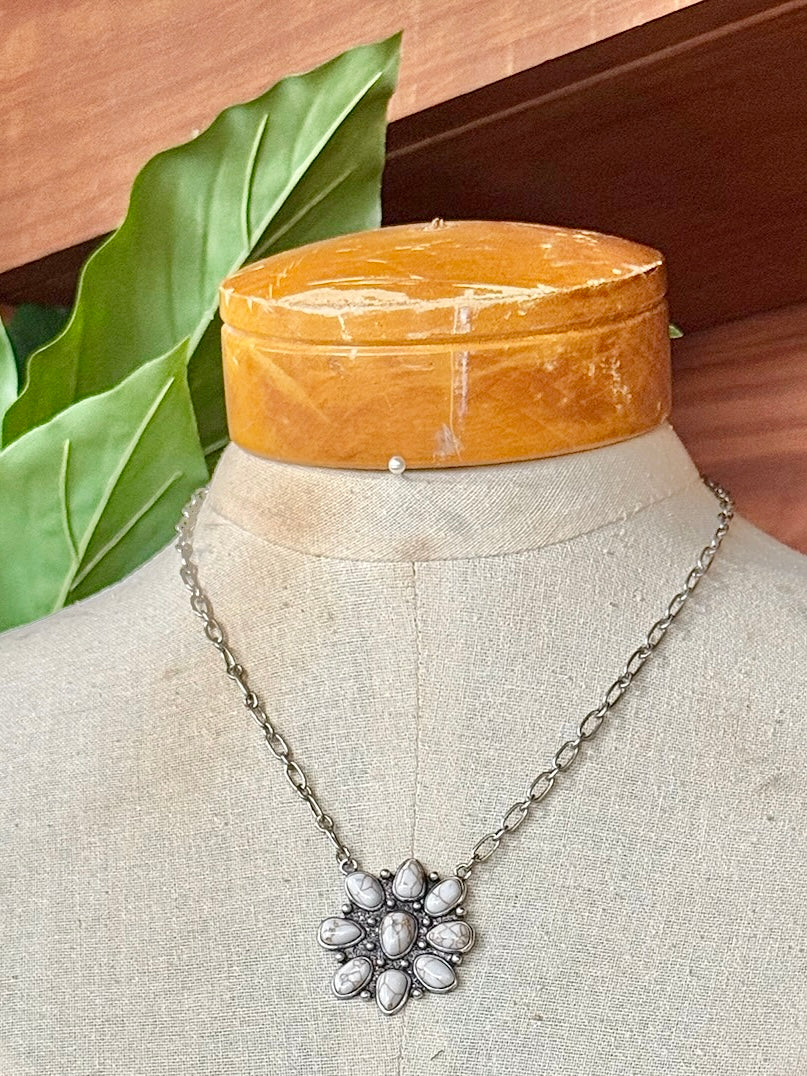 White Concho Pendant & Silver Chain Necklace