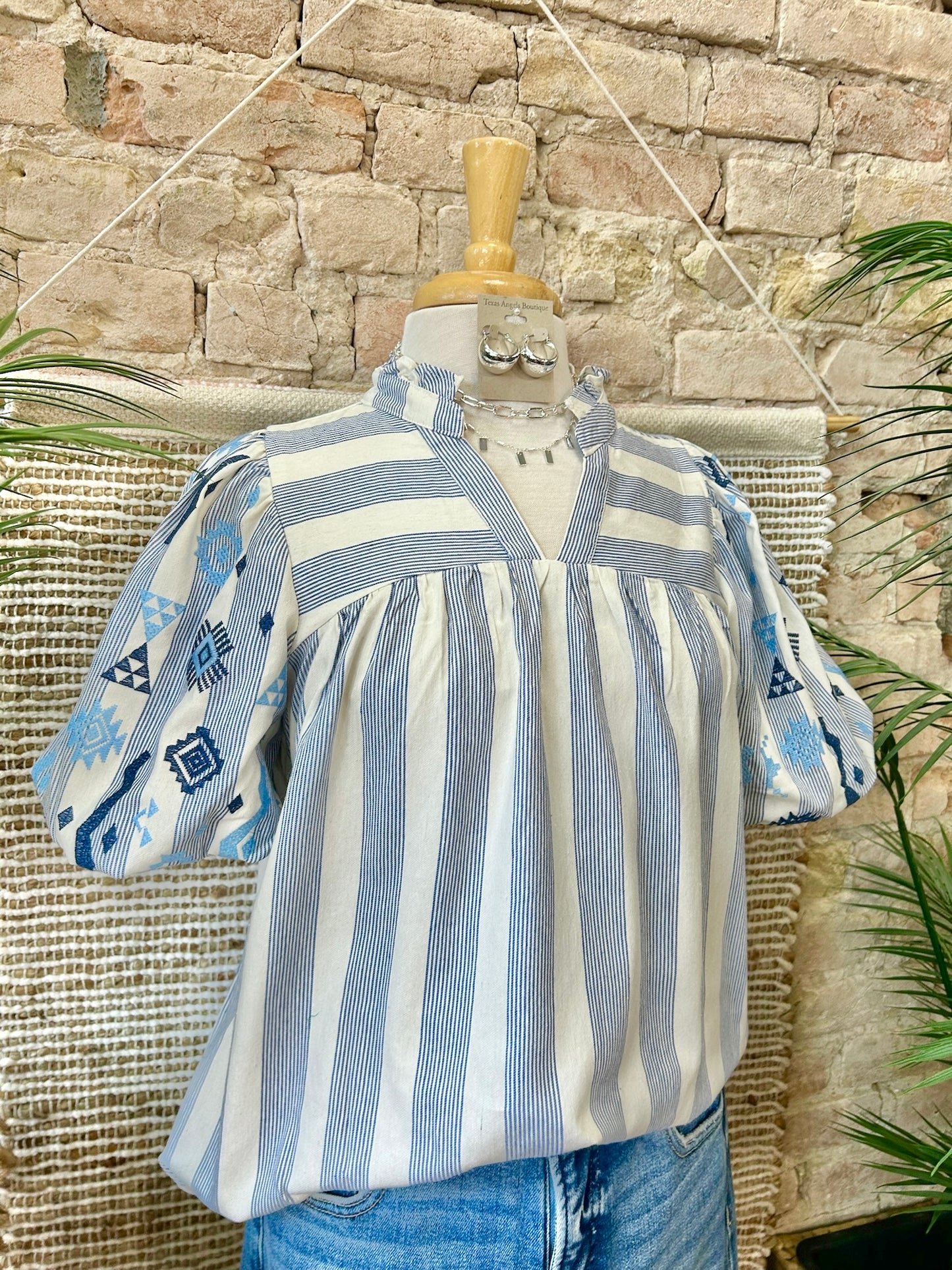 Sweet Girl Embroidered Striped Blue Blouse