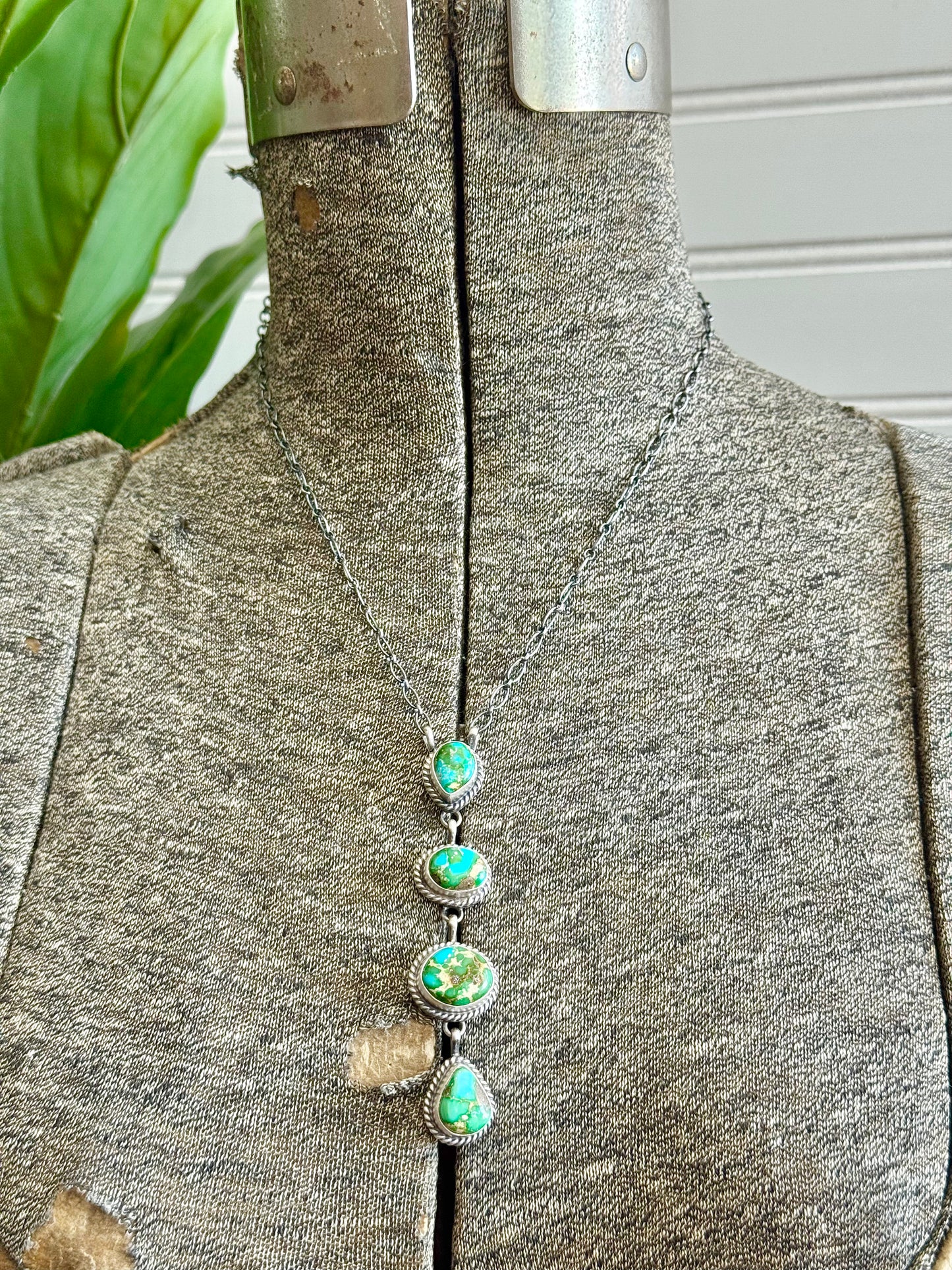 Navajo Handmade Sterling Silver Sonoran Gold Turquoise Lariat Bar Necklace
