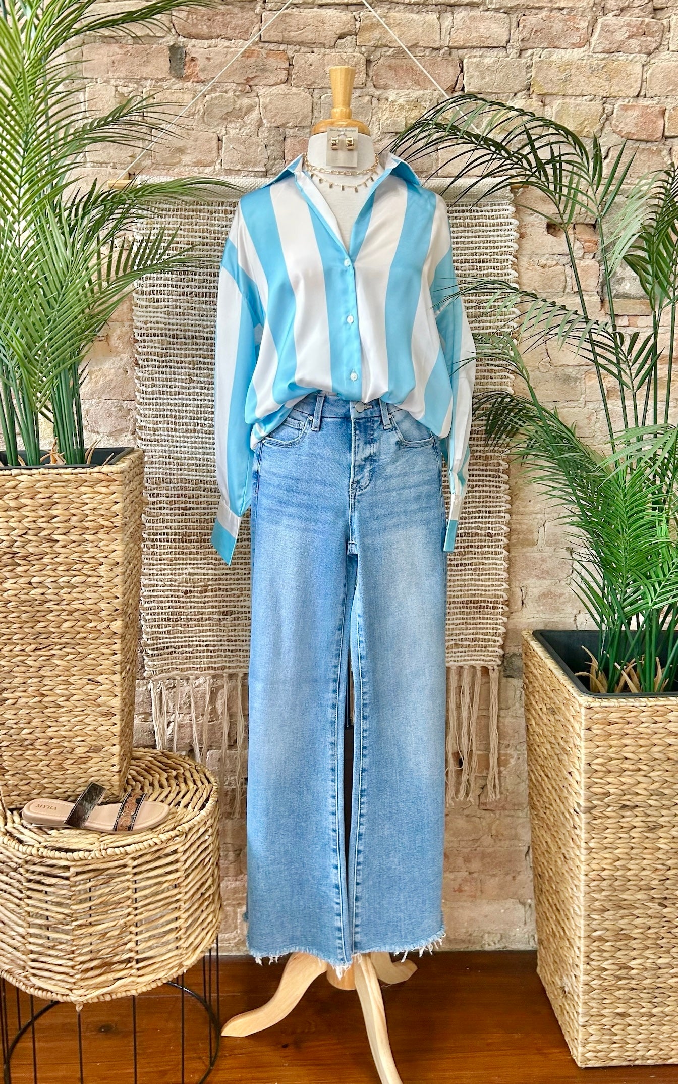 You Are My Sunshine Light Blue Striped Satin Blouse