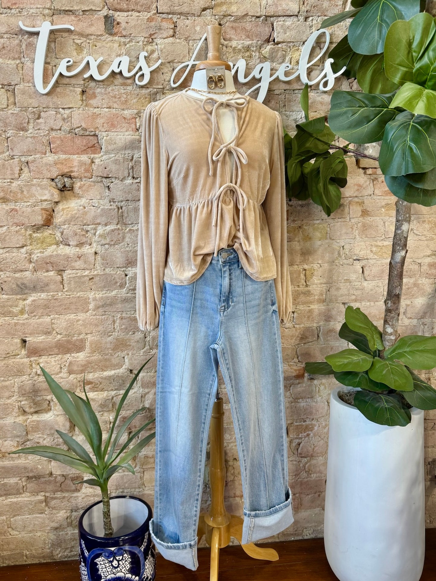 40% Off - Timing Is Everything Taupe Velvet Blouse