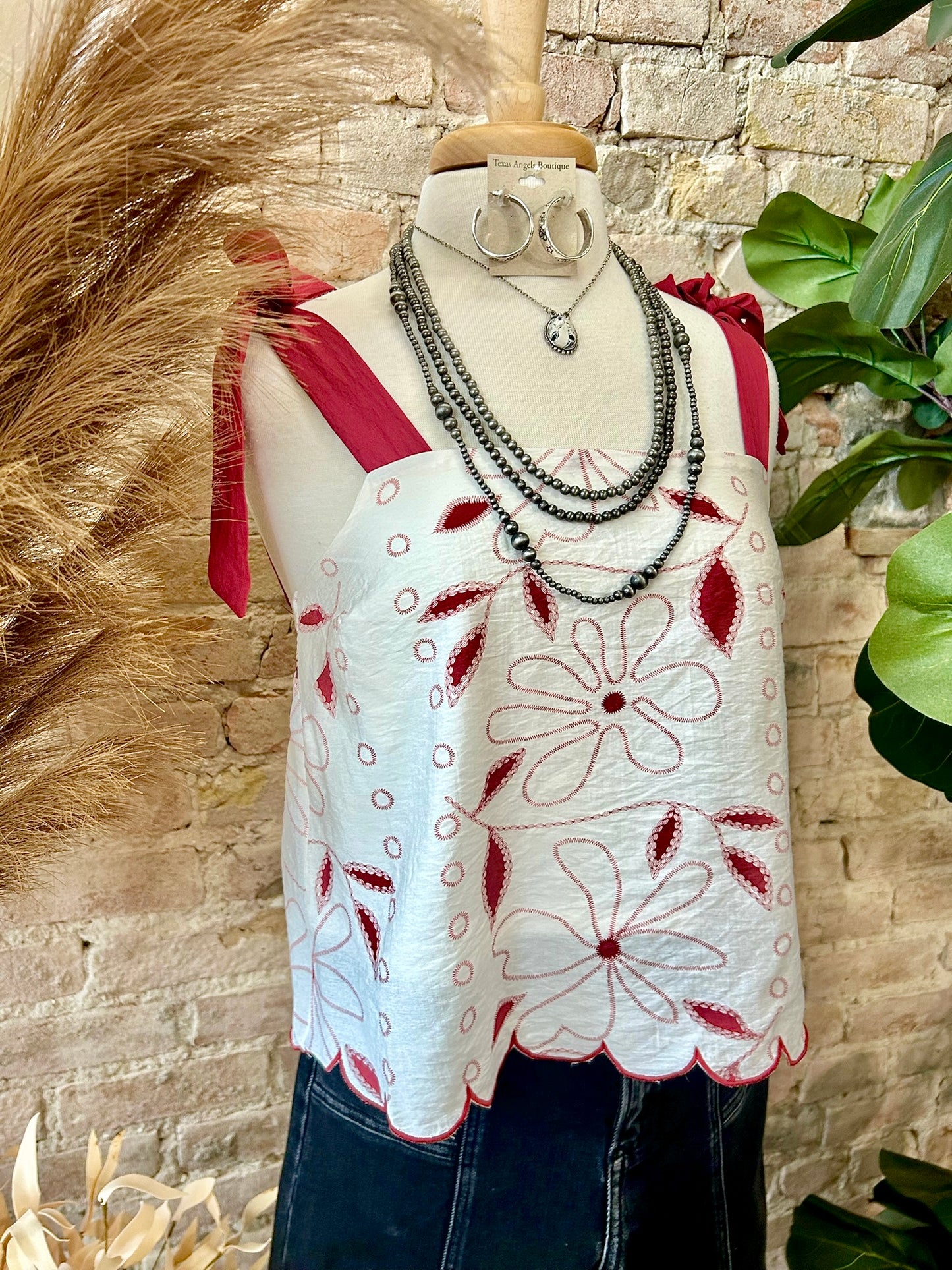 Every Story Is Worth Telling Embroidered Burgundy Scalloped Tank