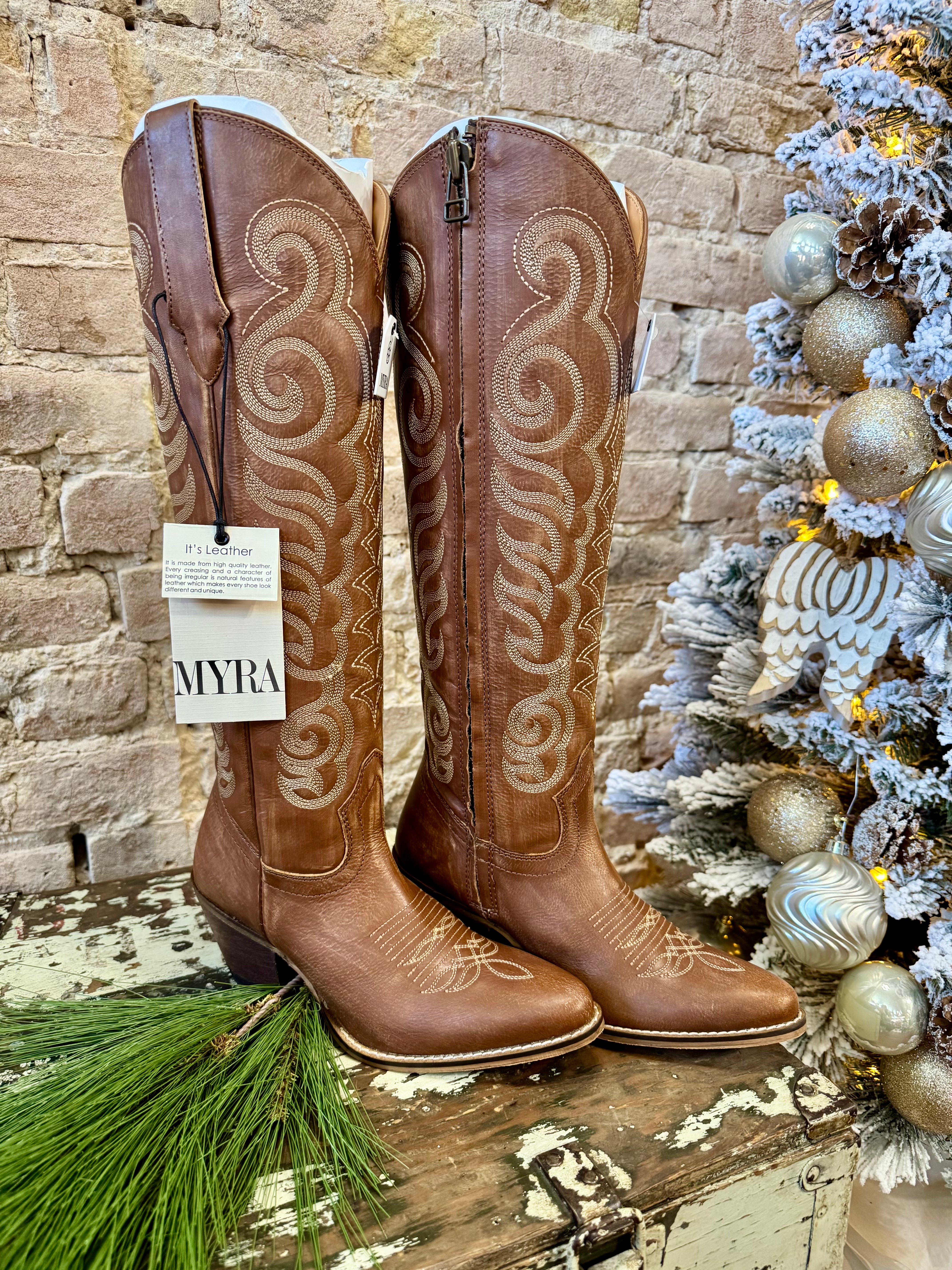 BOHO buy Tan Leather Boots with Brown Embroidered Details Womens size 7