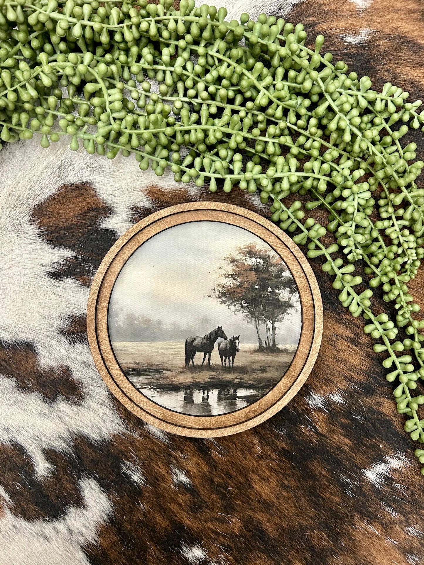 Round Pasture Horses Canvas Decor