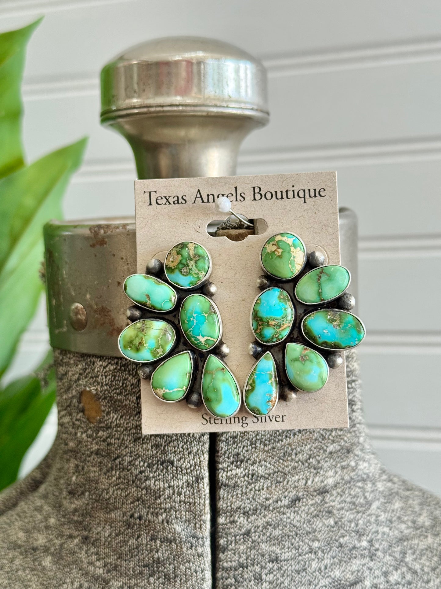 Navajo Handmade Sterling Silver Sonoran Gold Turquoise Half Cluster Earrings