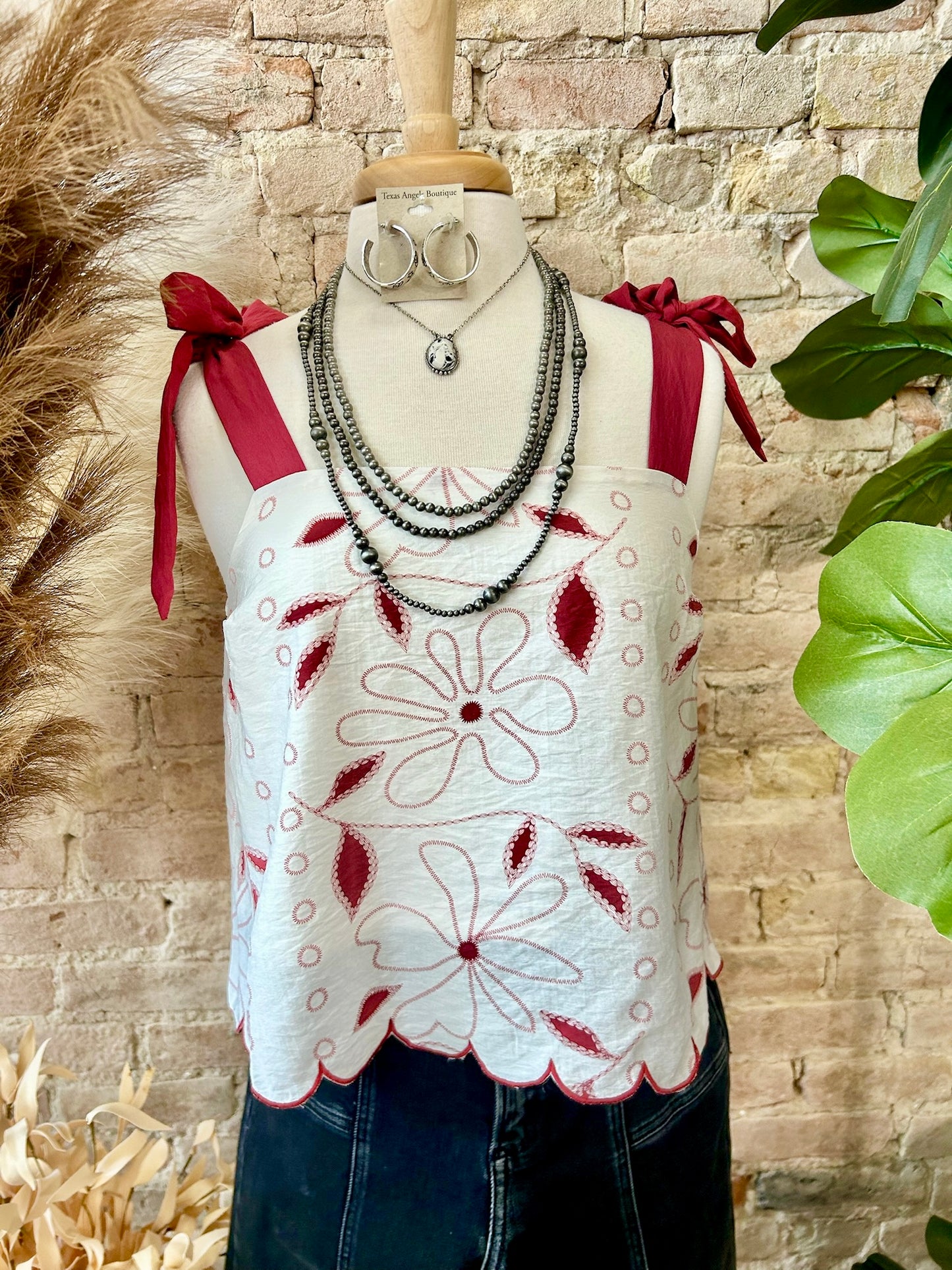 Every Story Is Worth Telling Embroidered Burgundy Scalloped Tank