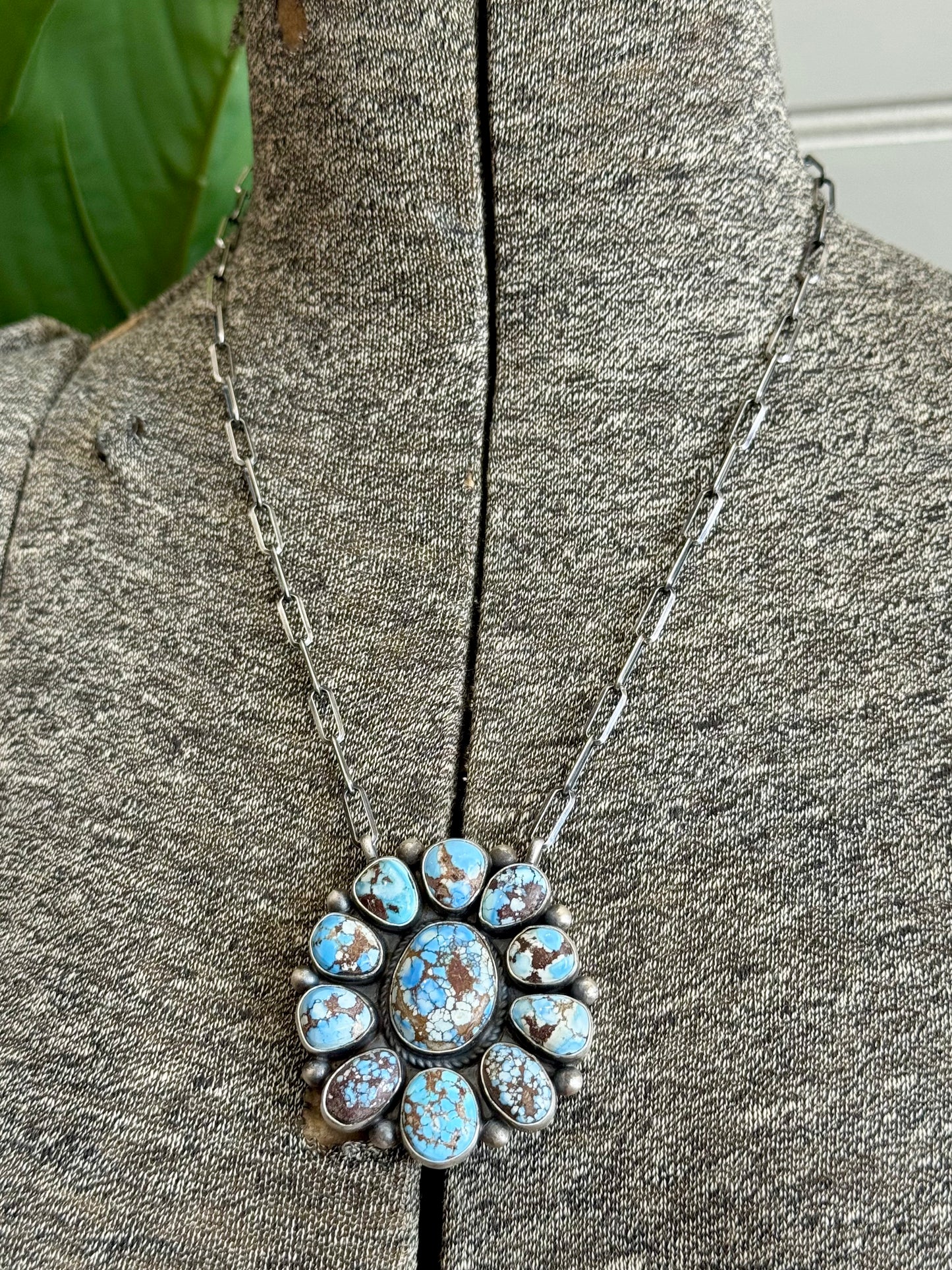 Navajo Handmade Sterling Silver Golden Hills Turquoise Cluster Necklace