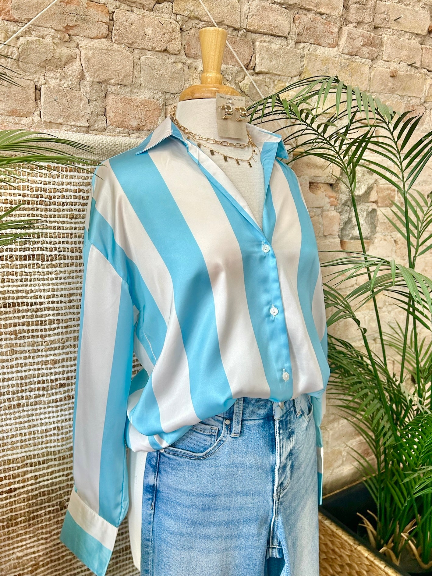 You Are My Sunshine Light Blue Striped Satin Blouse