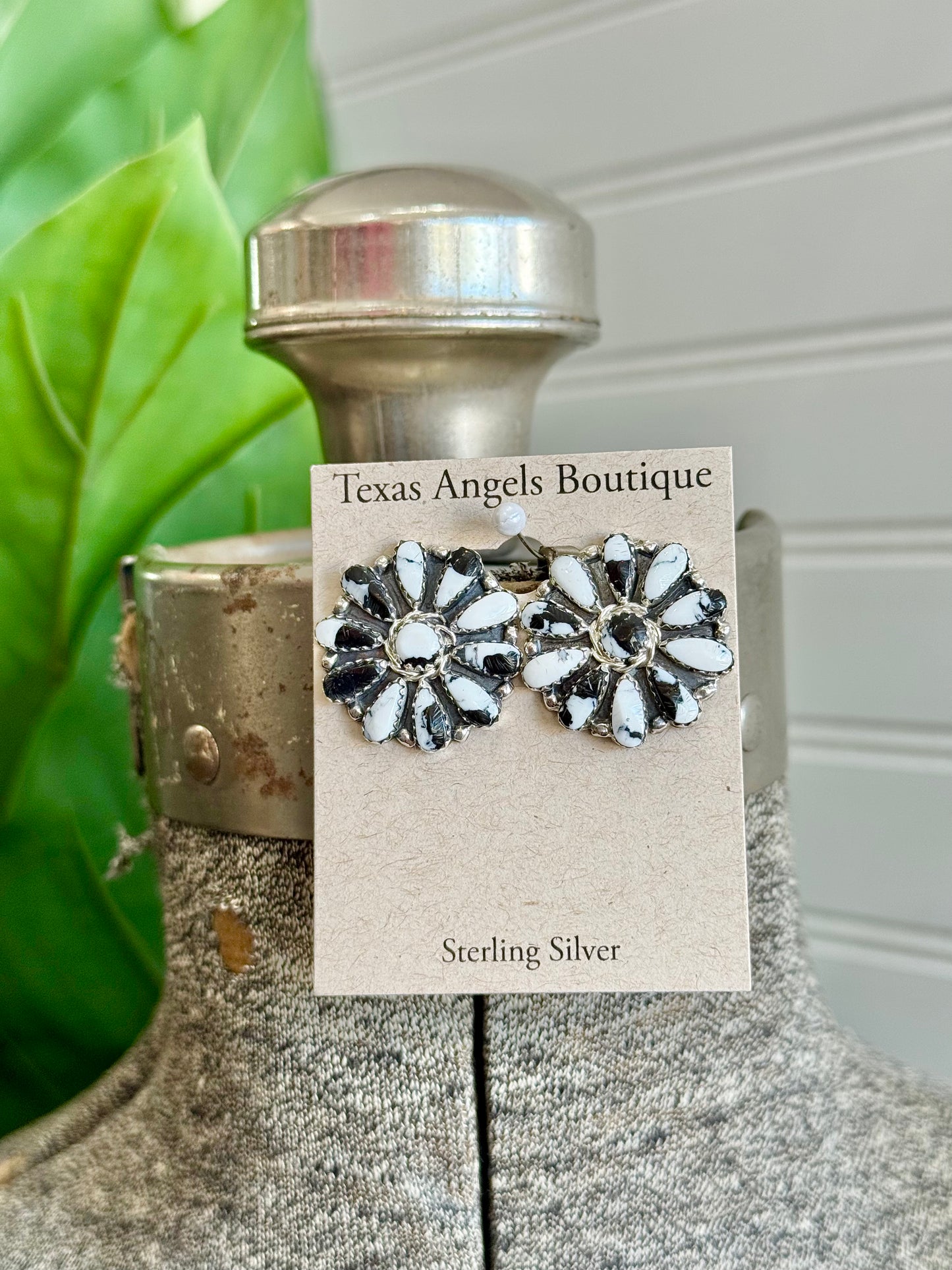 Native Navajo Handmade Sterling Silver White Buffalo Cluster Stud Earrings
