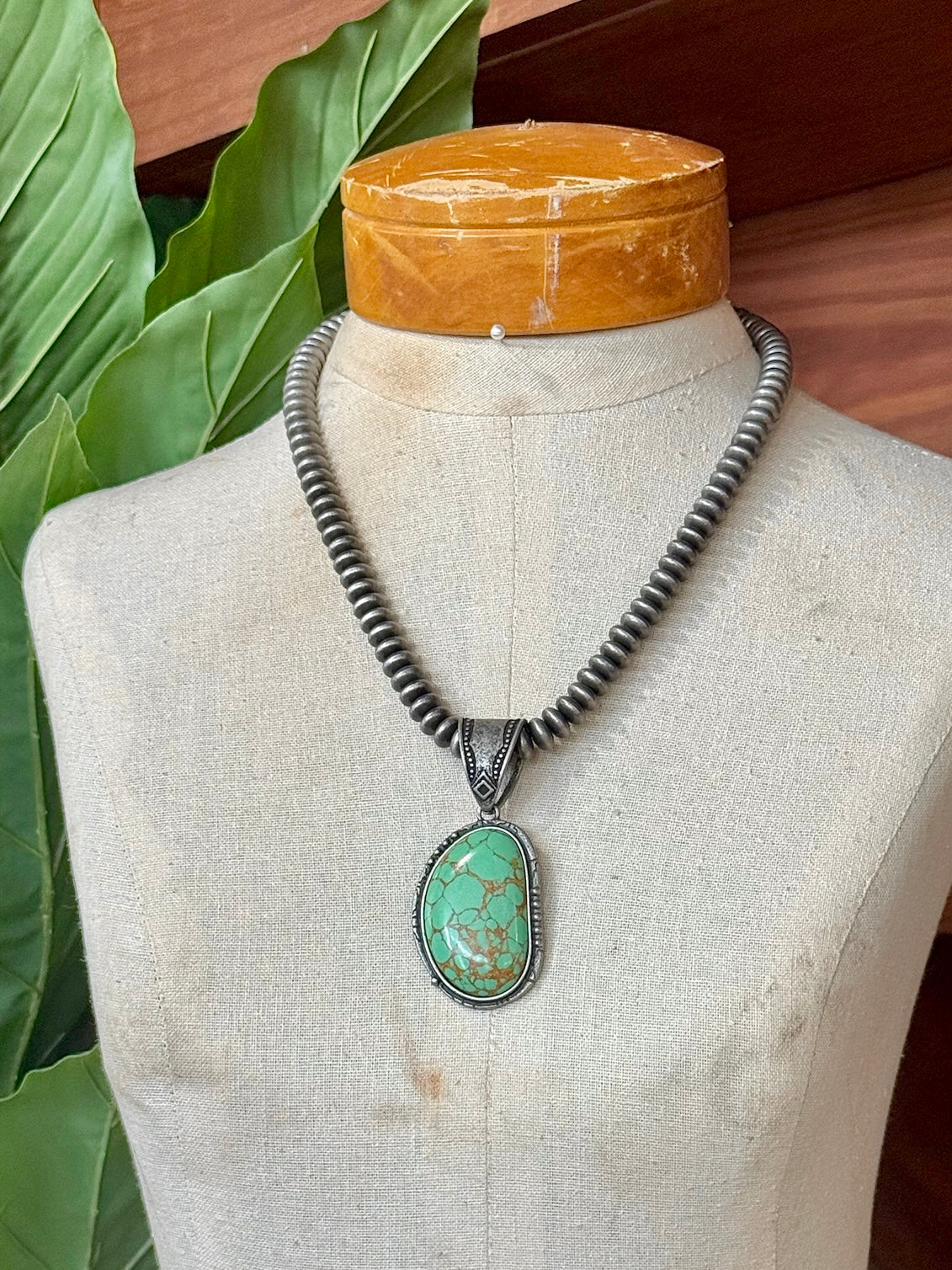 Green Pendant & Silver Saucer Beaded Necklace